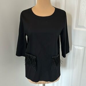 D. Exterior Black Poplin Feather Pocket Blouse